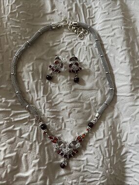 Silver-Tone Necklace and Earring Set with Deep Red Accents